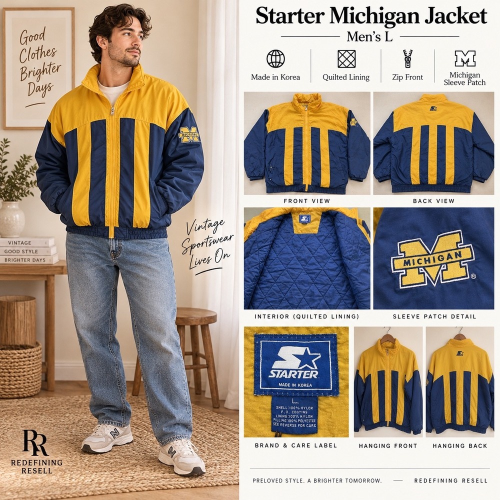 Vintage Starter Michigan Wolverines Jacket Mens L Navy Yellow Quilted Puffer 90s